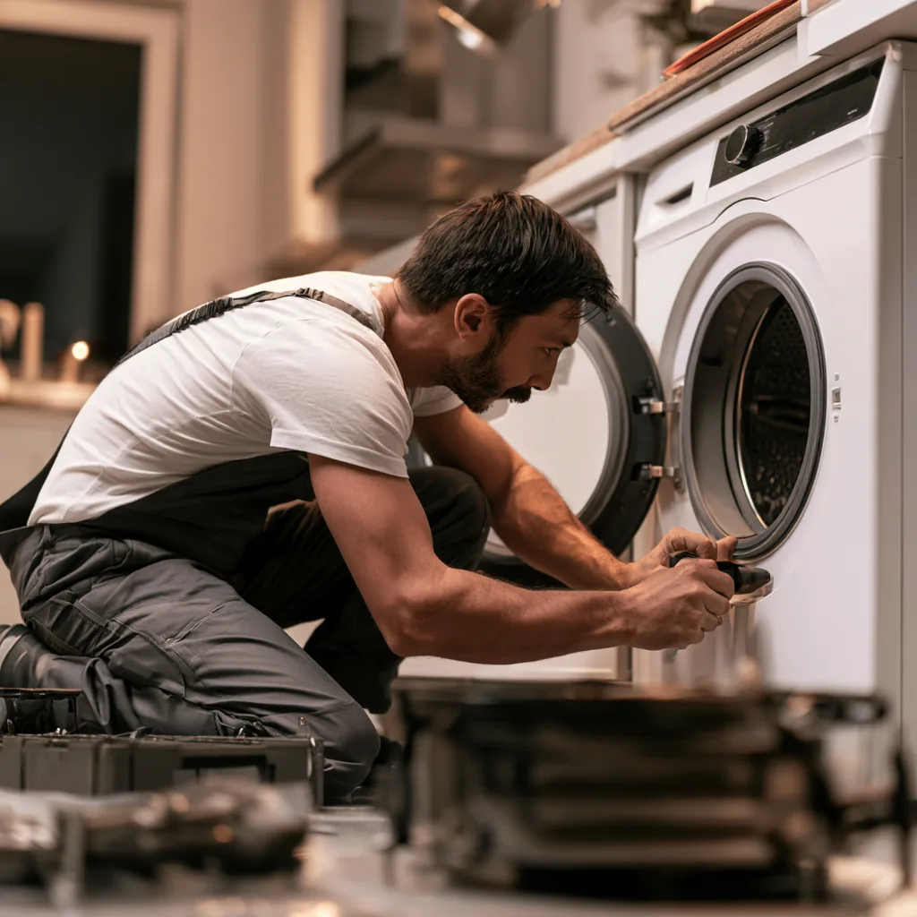 Technician repairing a front-load dryer in a laundry area