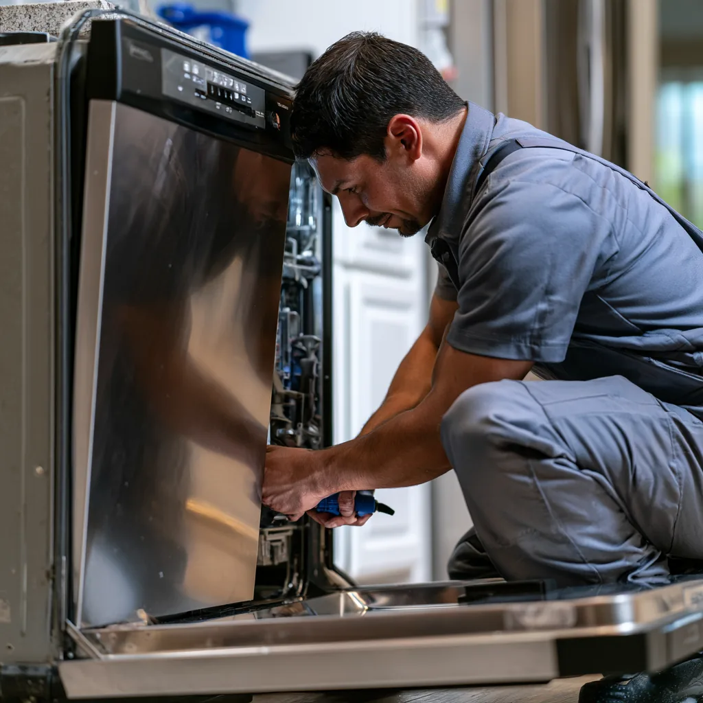 Technician repairing an open stainless-steel dishwasher