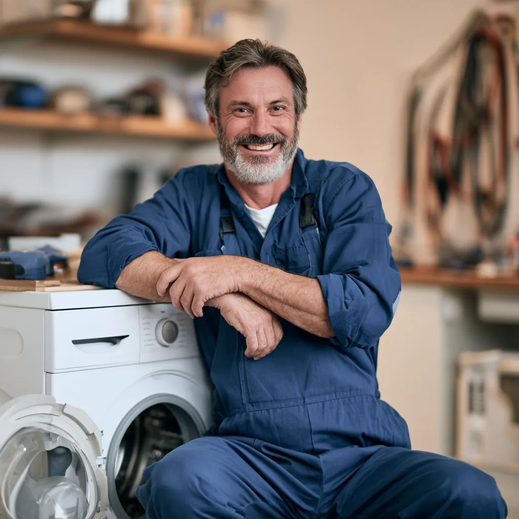 Friendly appliance repair professional beside a washing machine