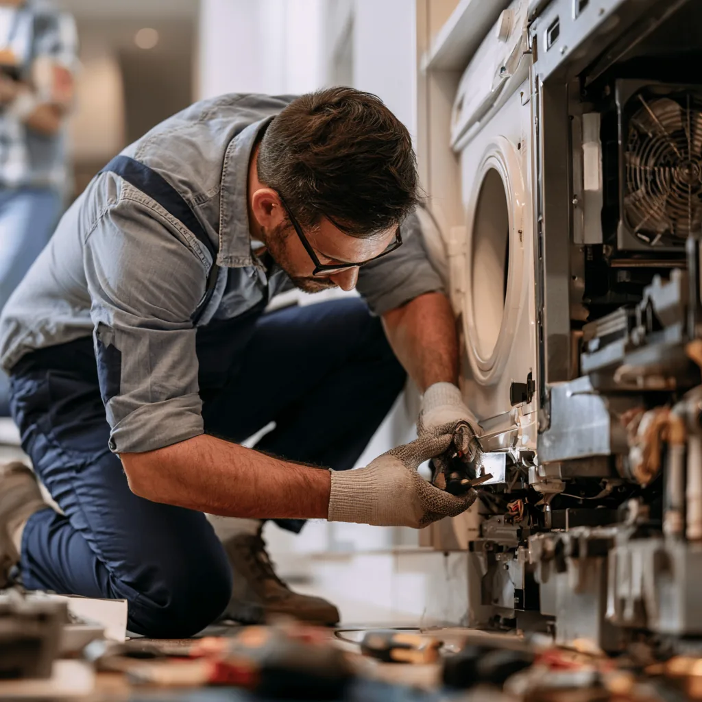 Technician repairing internal household appliance components