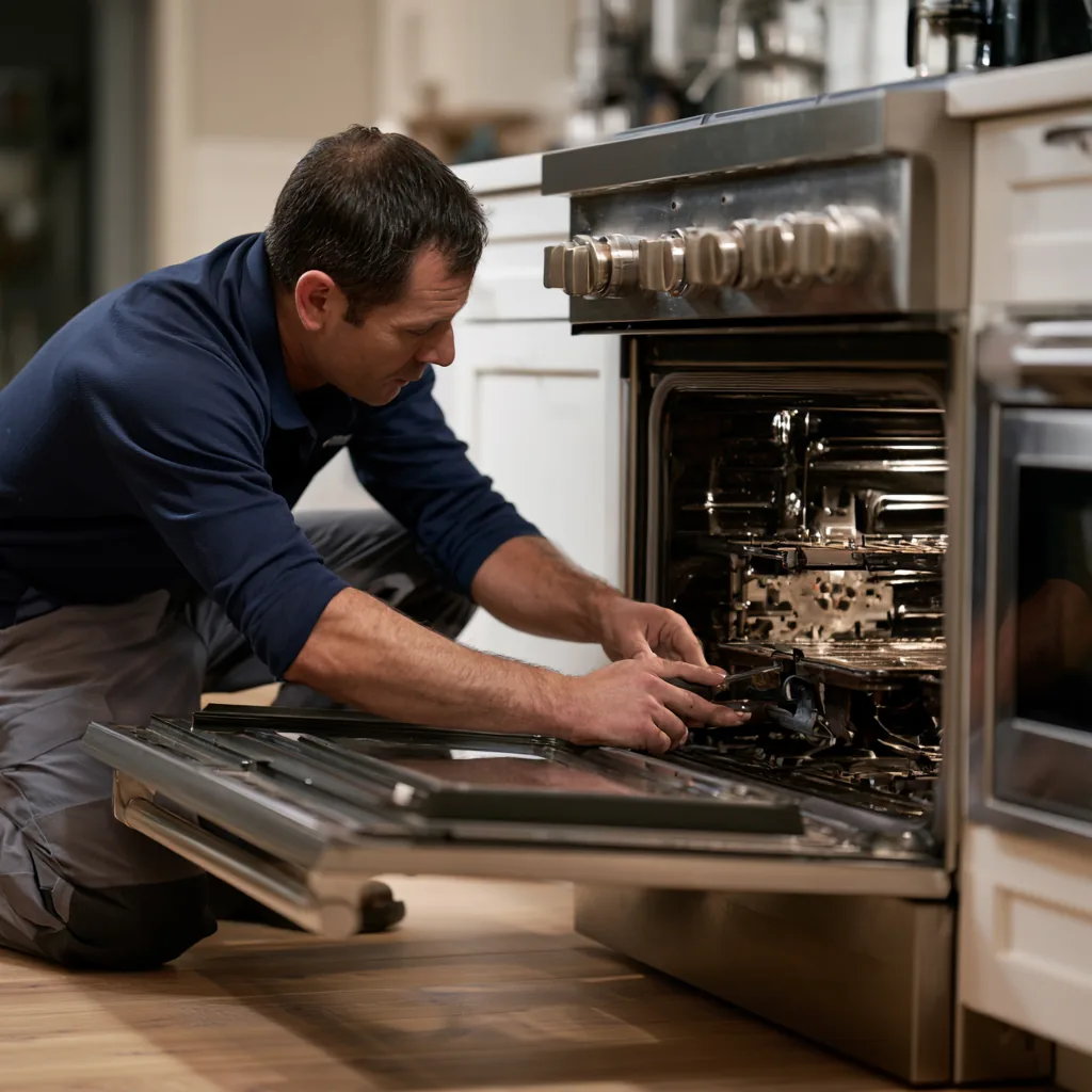 Technician repairing an open oven in a residential kitchen
