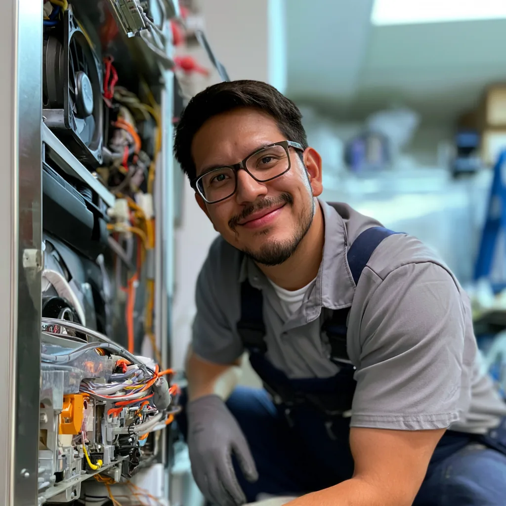 Appliance repair professional beside opened household appliance components