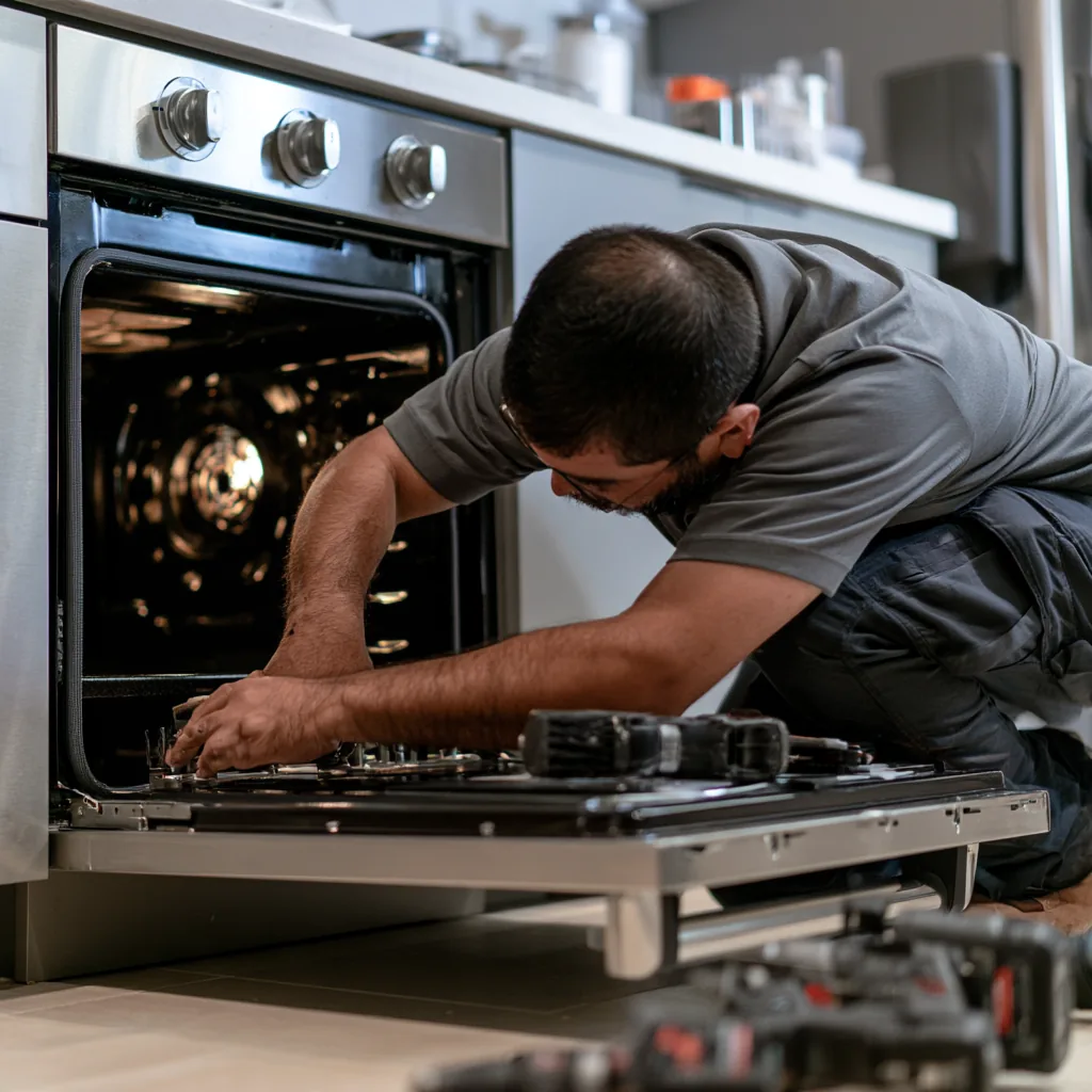 Technician repairing the interior of an open kitchen oven