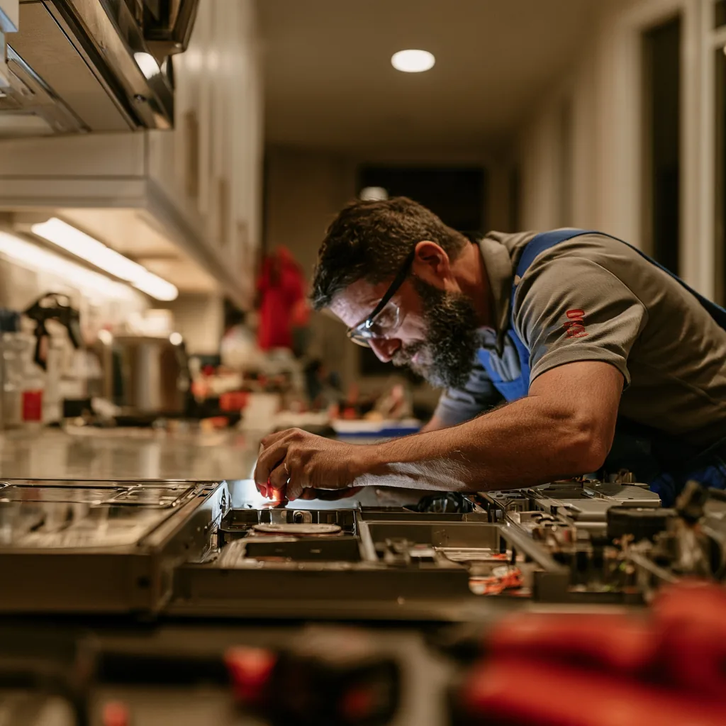 Technician carefully inspecting household appliance controls under a work light