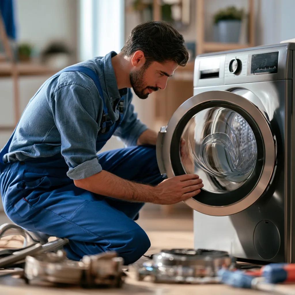 Technician inspecting the door of a front-load washing machine